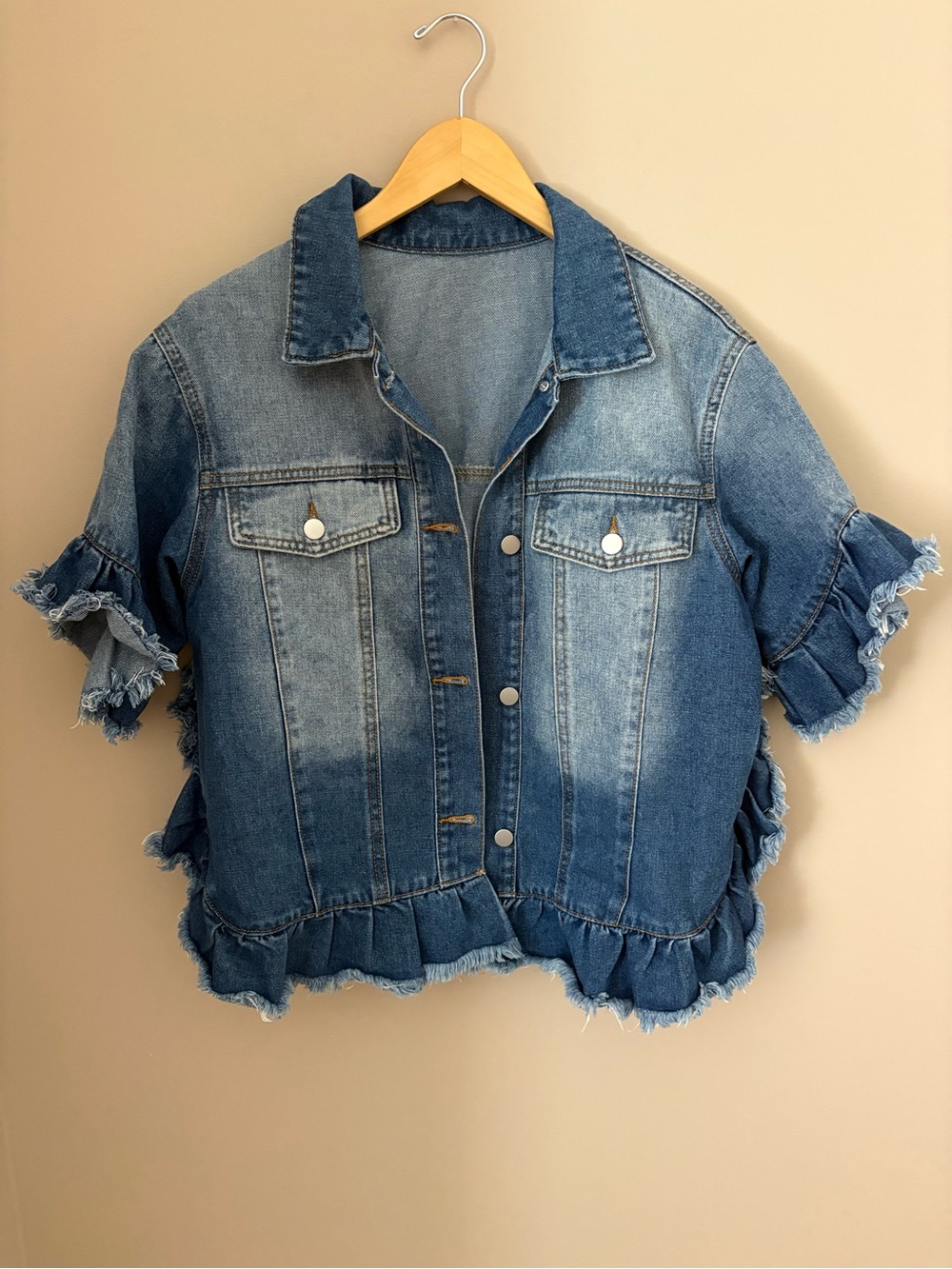 Blue Denim Ruffle-Sleeve Jean Jacket Sz S - Picture 3 of 6